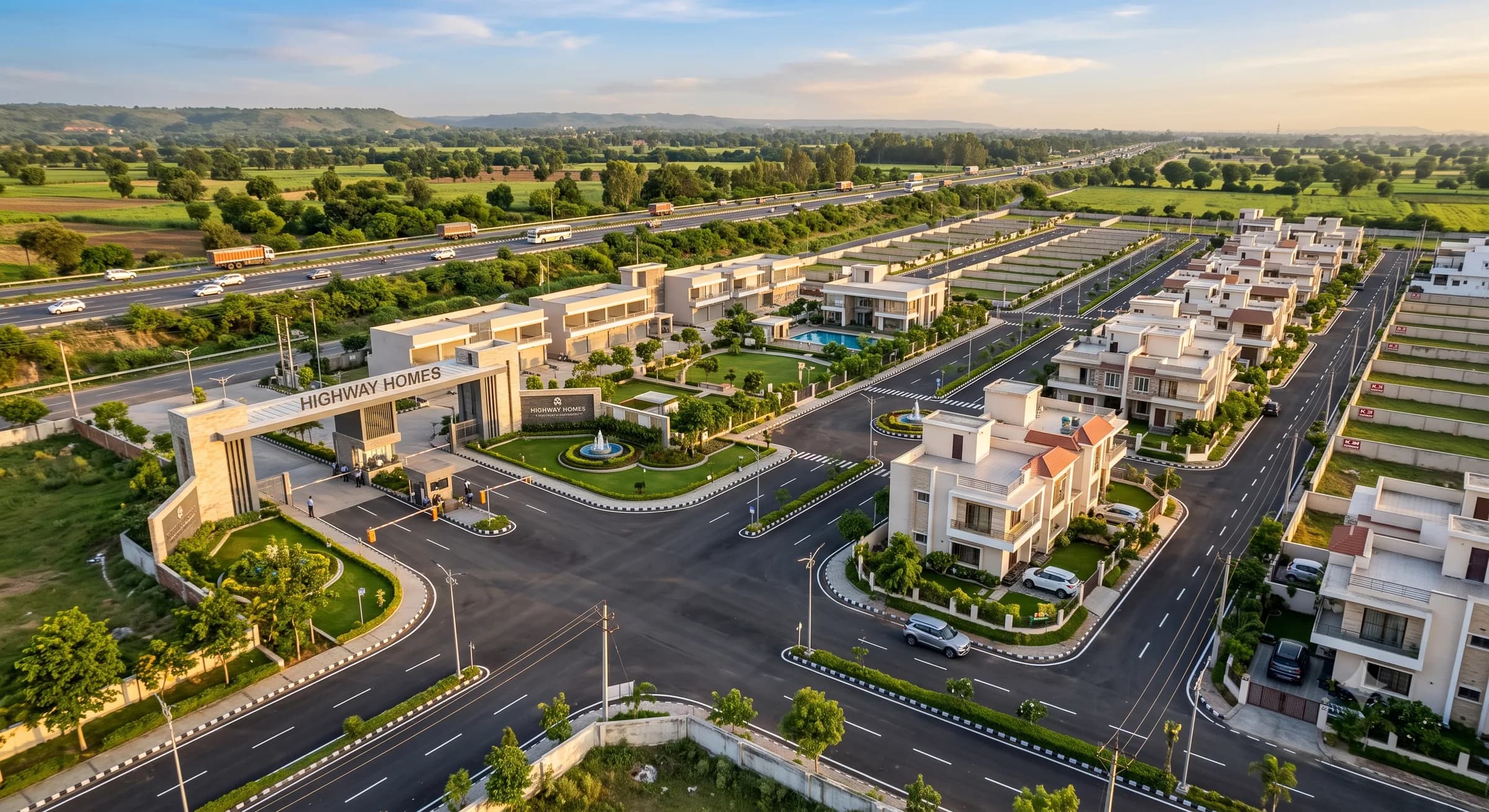 Aerial view of the Highway Homes gated colony beside the highway at dusk
